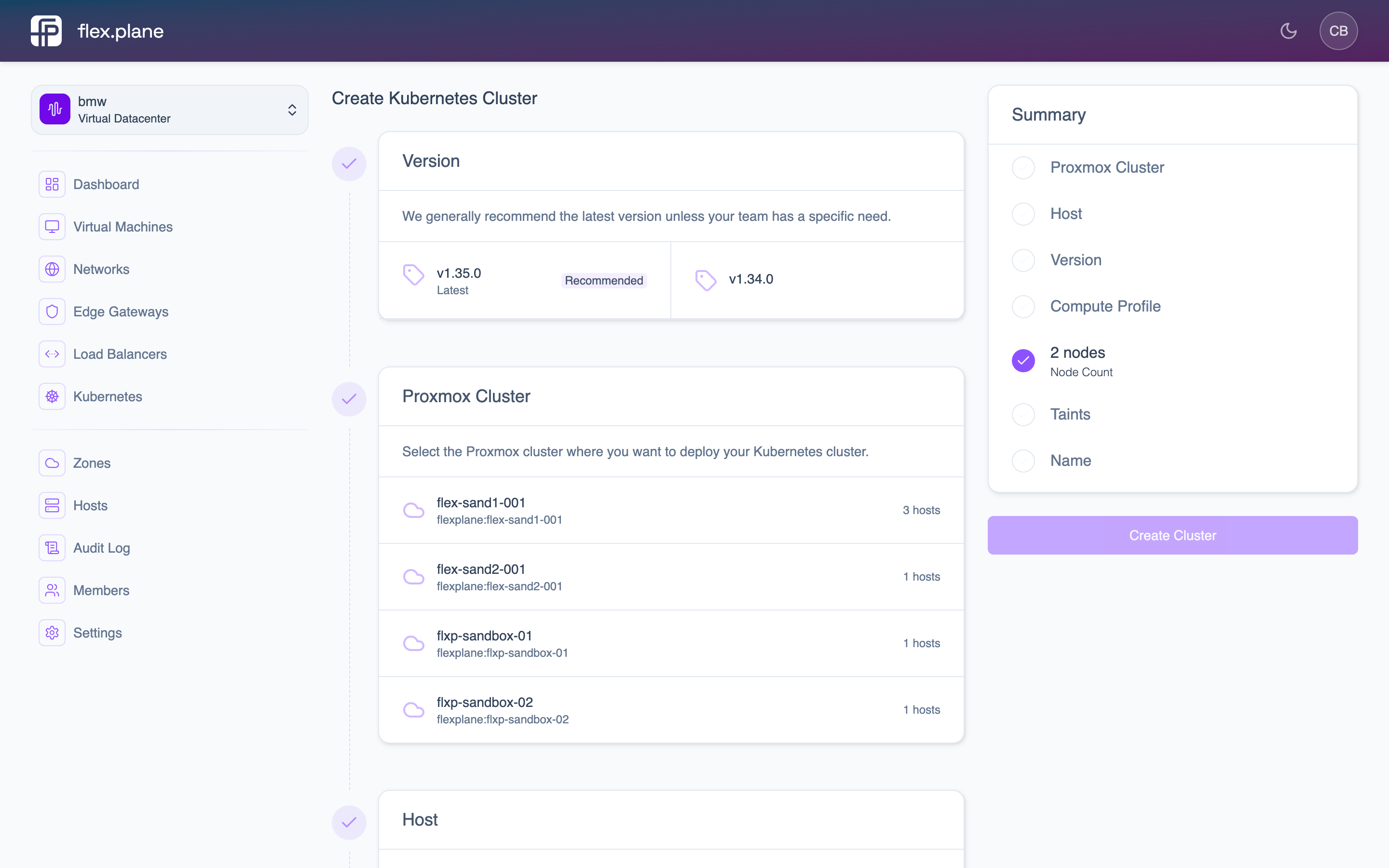 The Kubernetes cluster creation form