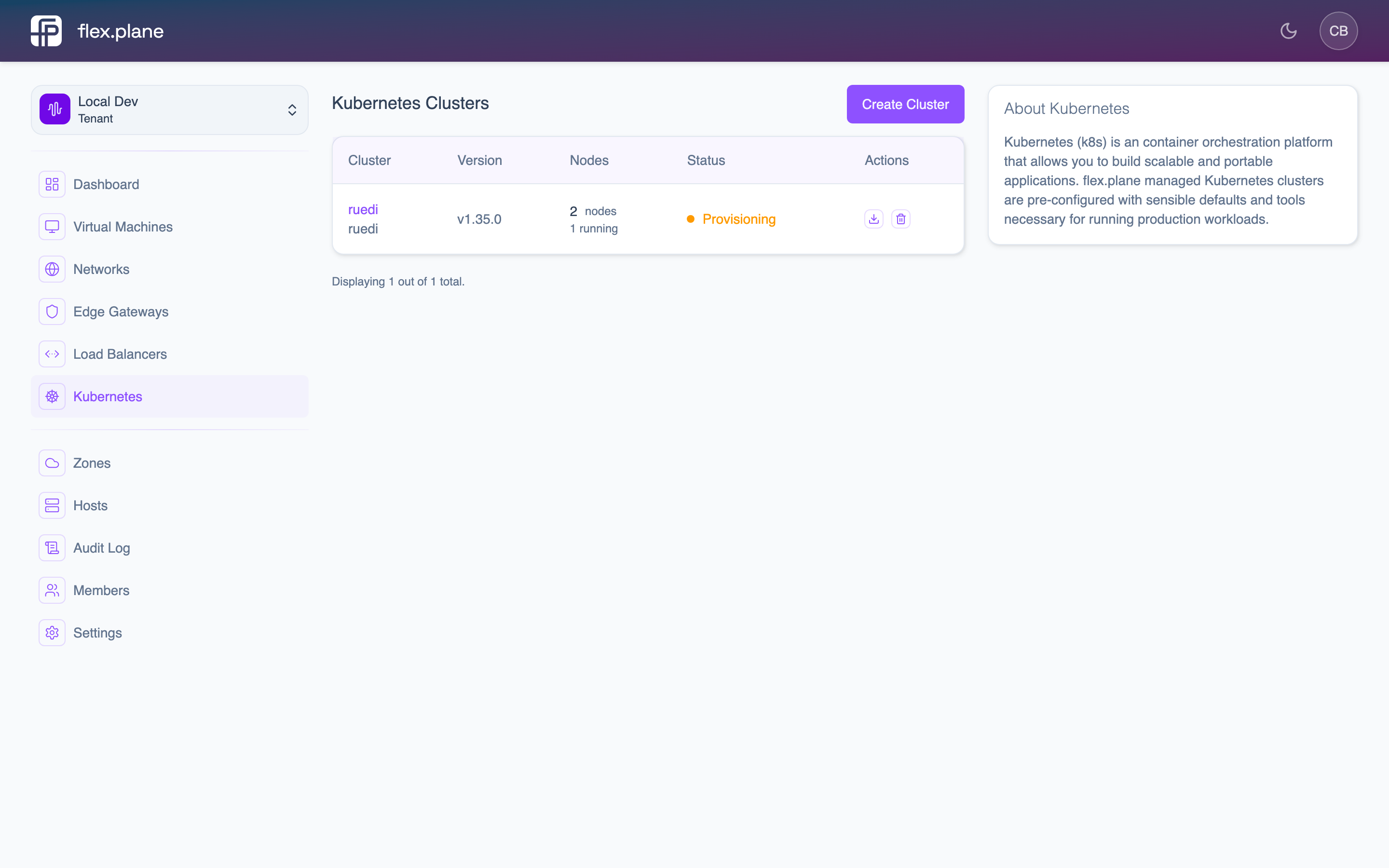 The Kubernetes cluster detail page with kubeconfig download