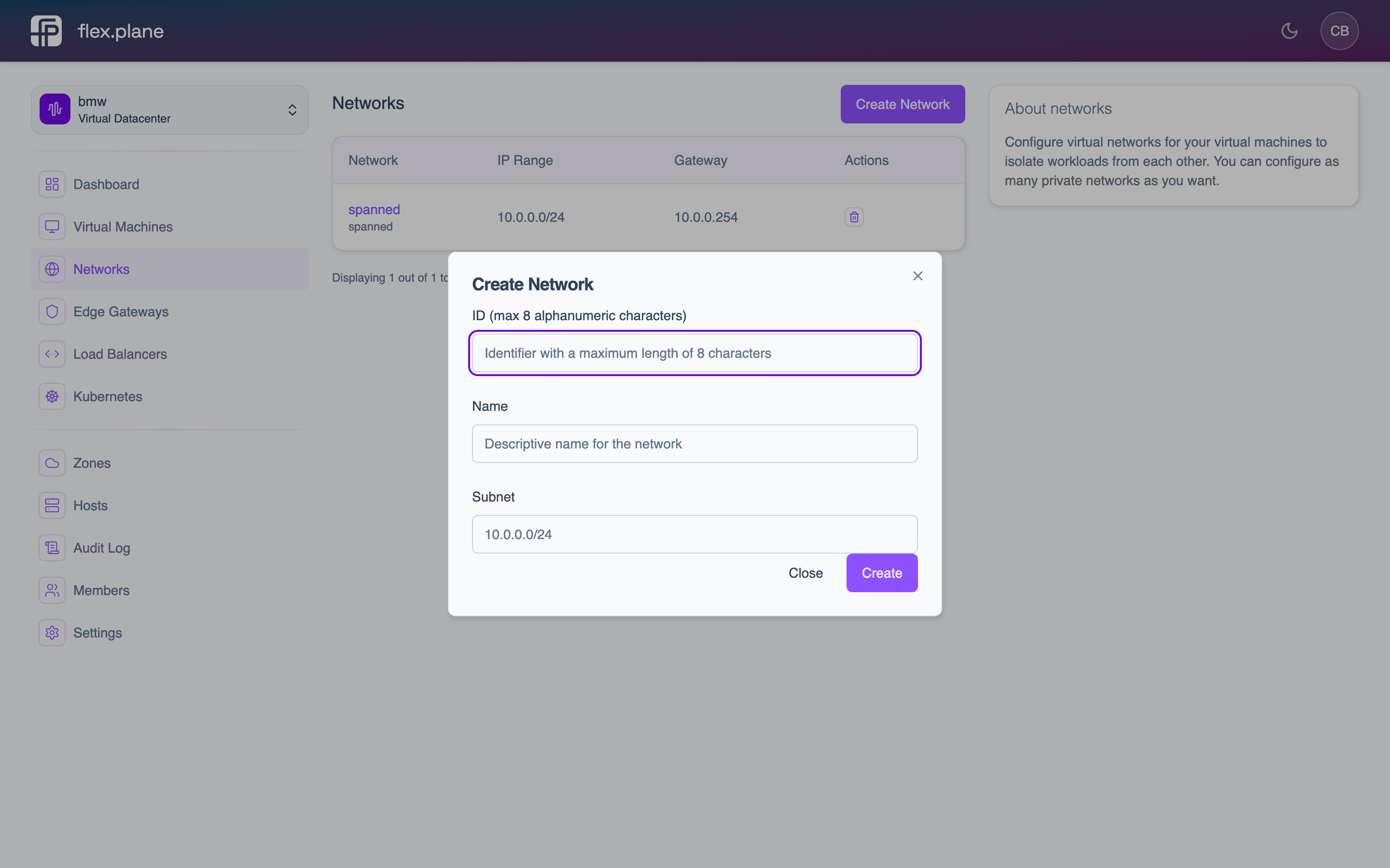 The create network form with fields for ID, name, and IP range
