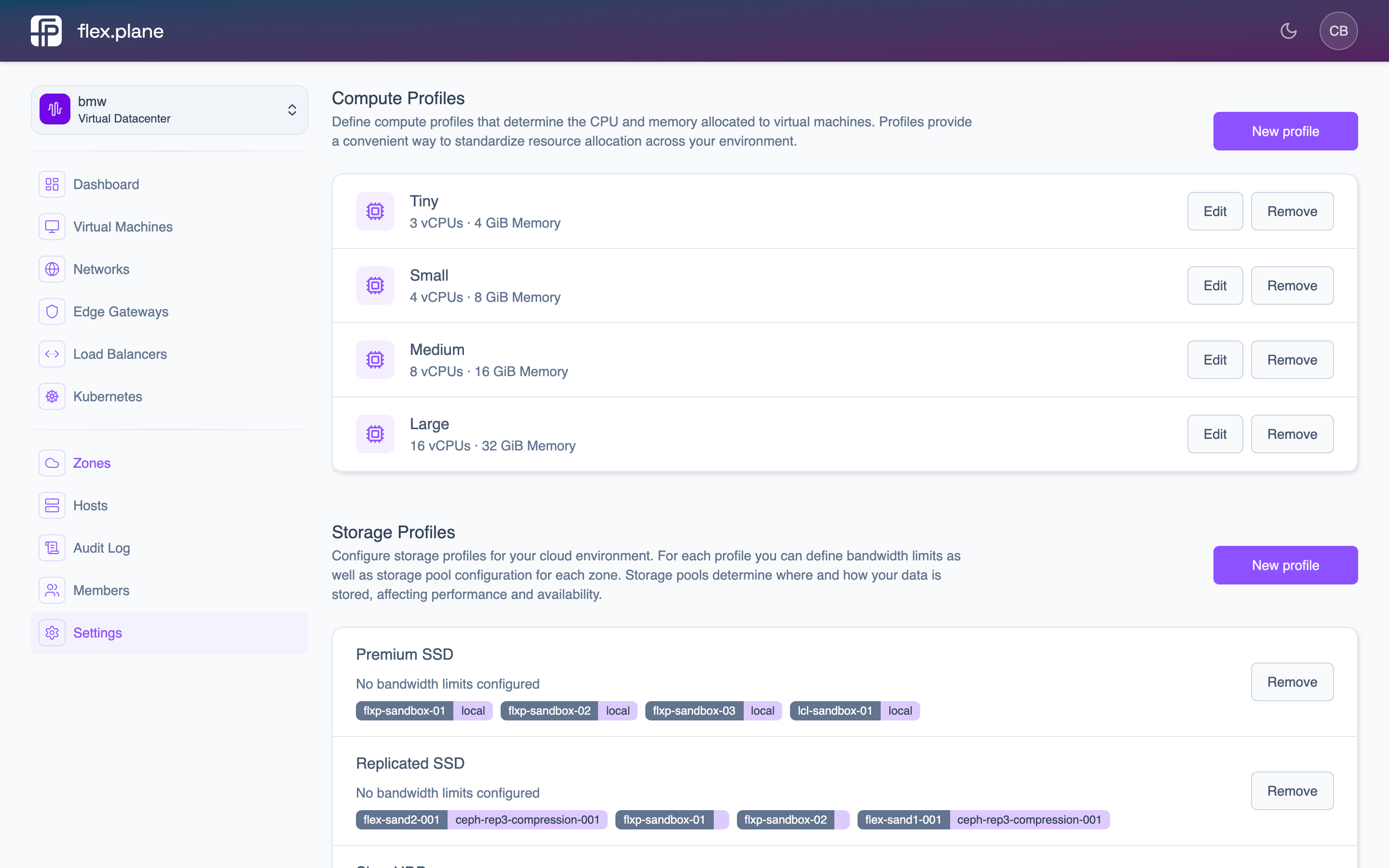 The Compute Profiles settings page