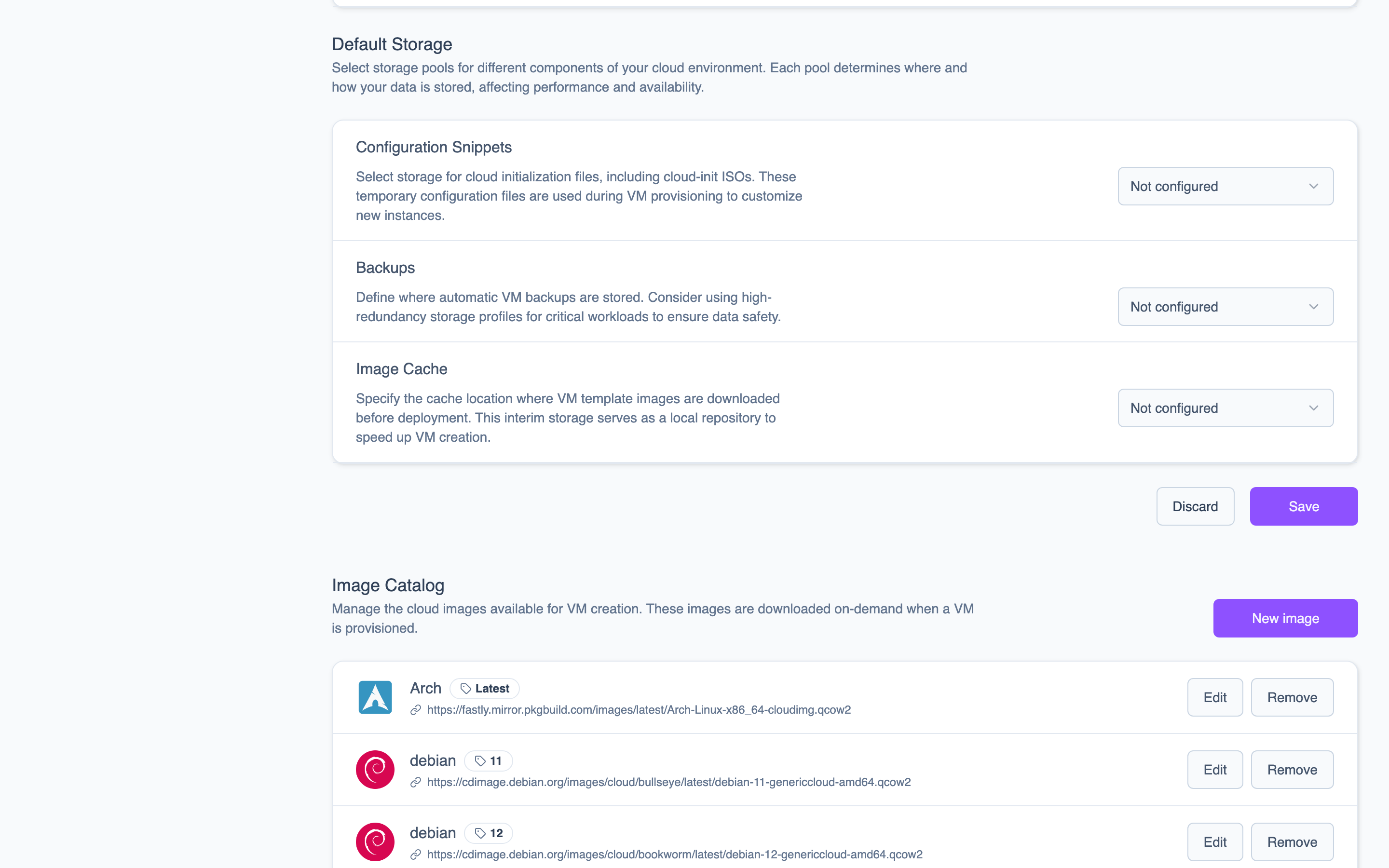 The default storage settings page with dropdowns for each storage type