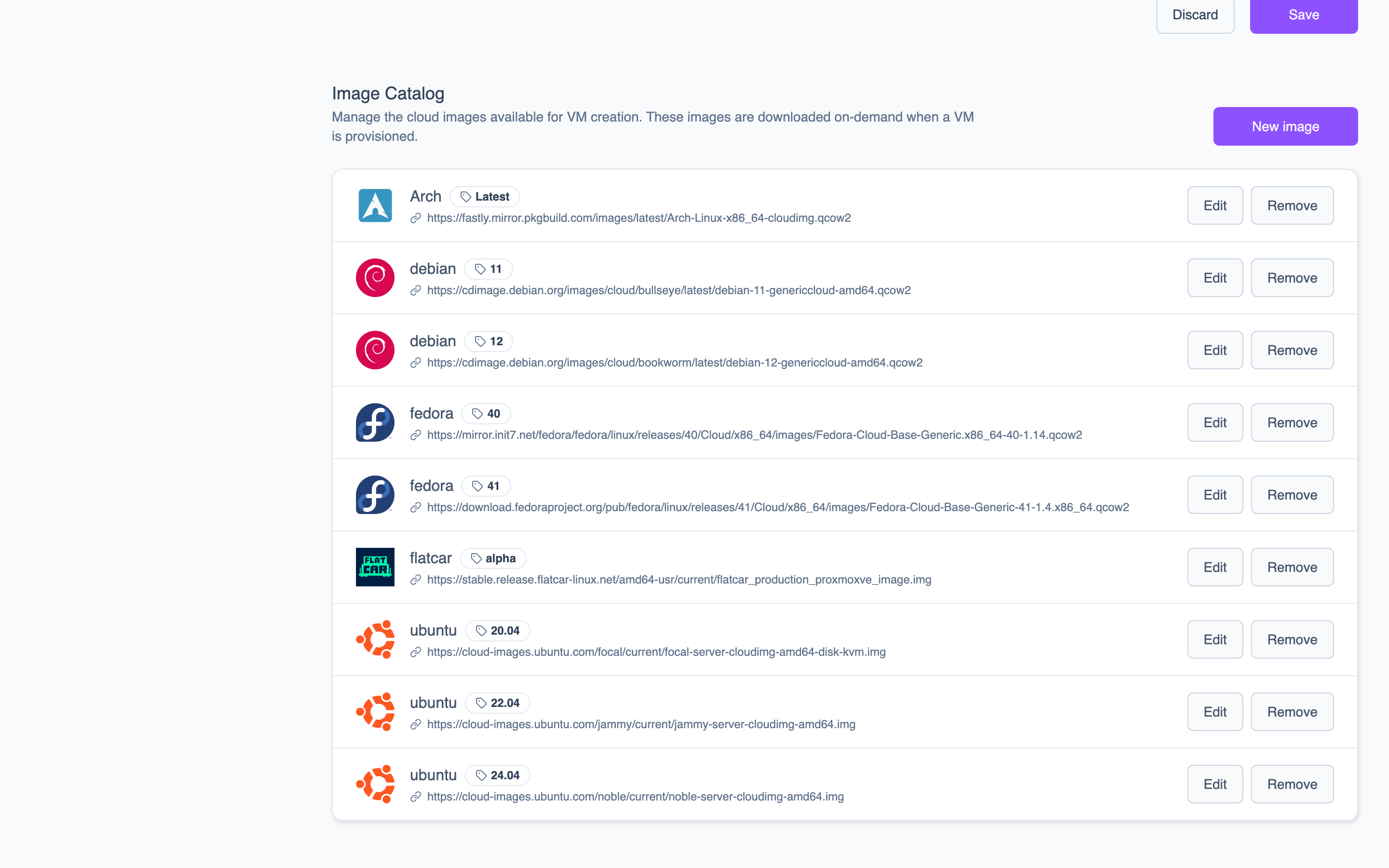 The Image Catalog settings page