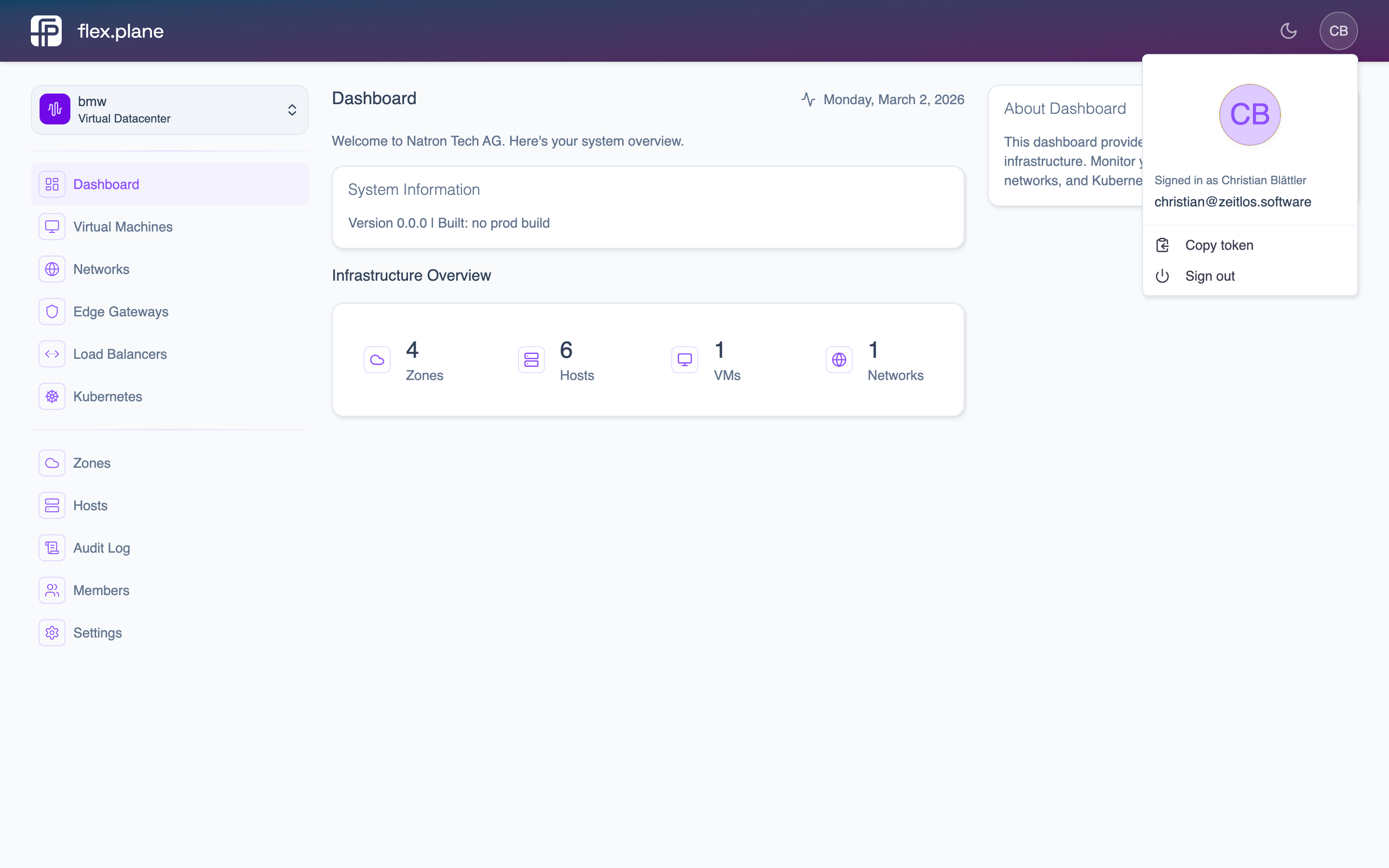 The VDC switcher dropdown in the portal sidebar
