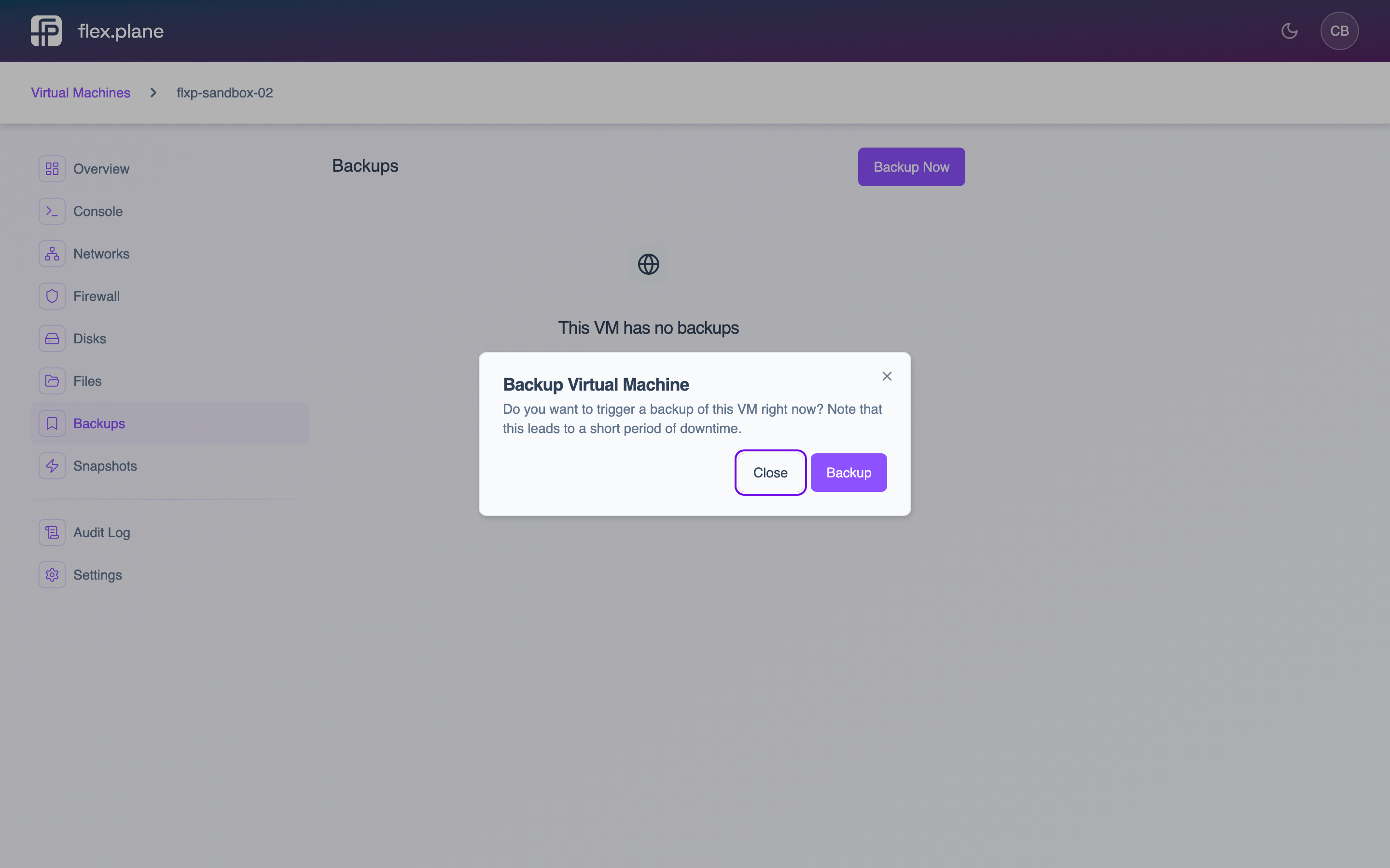 The create backup form for a VM