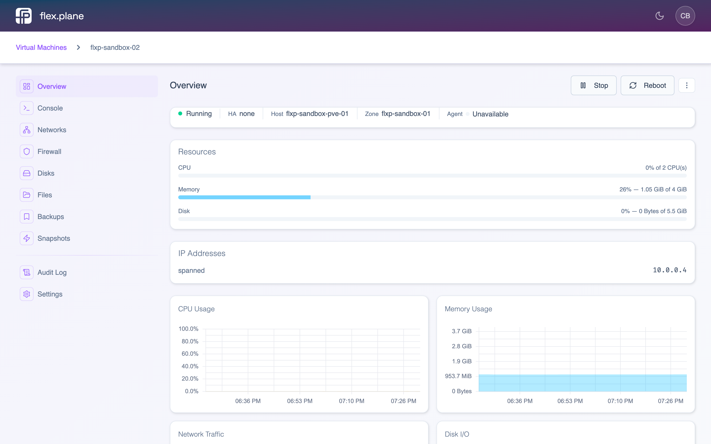 The VM detail page showing a running VM