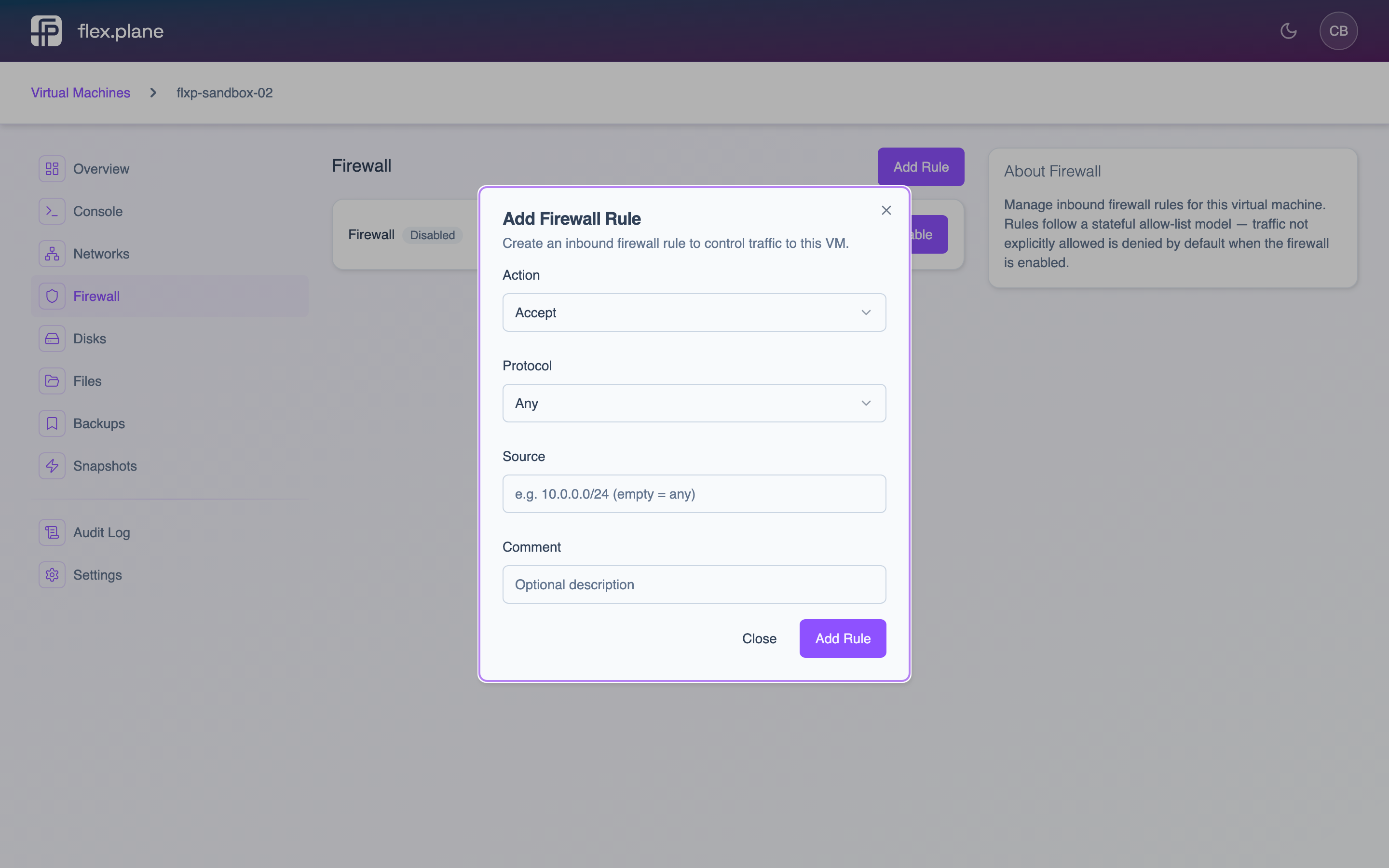 The add firewall rule form with action, direction, protocol, port, and source fields