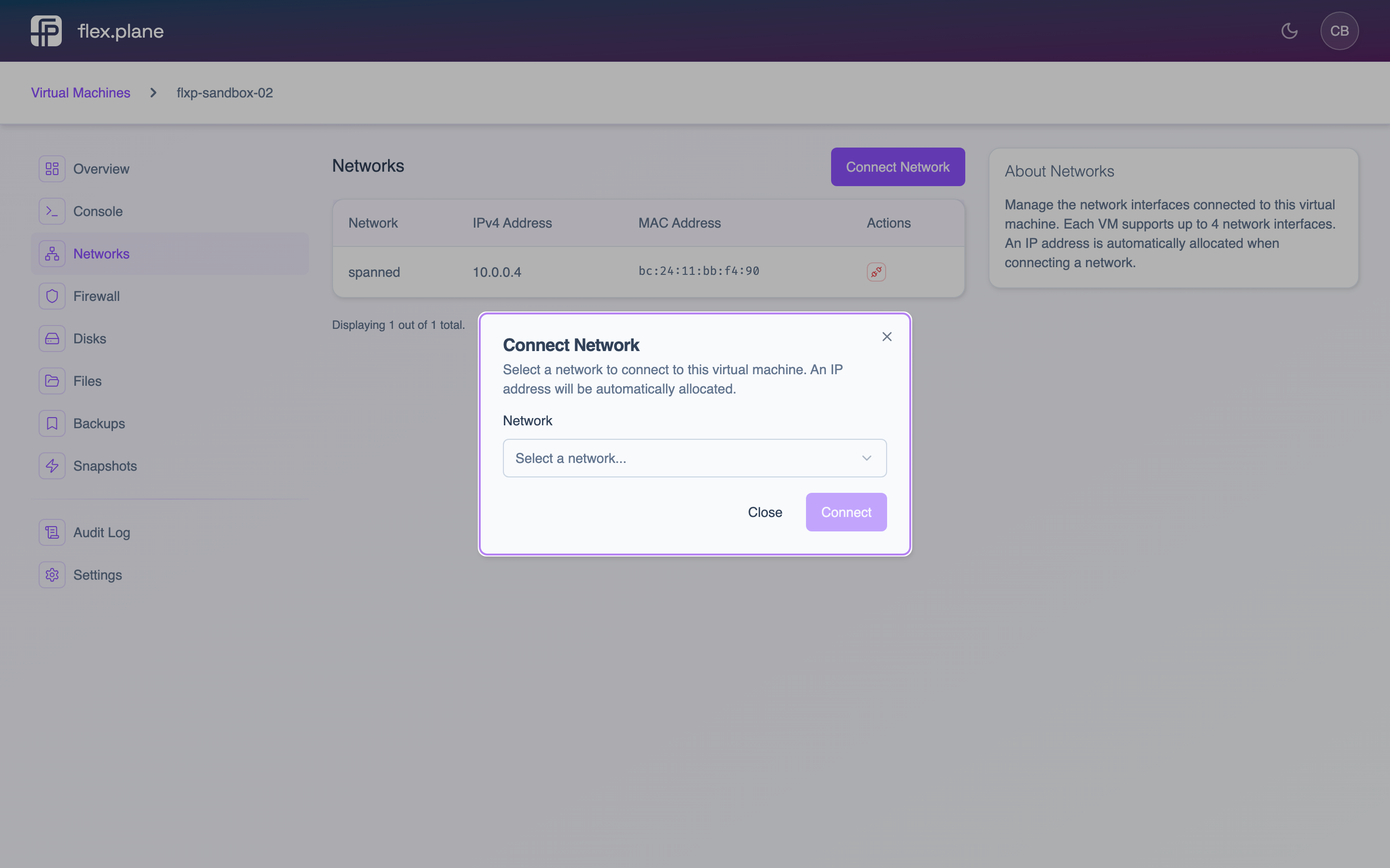 The connect network form showing network selection and optional static IP