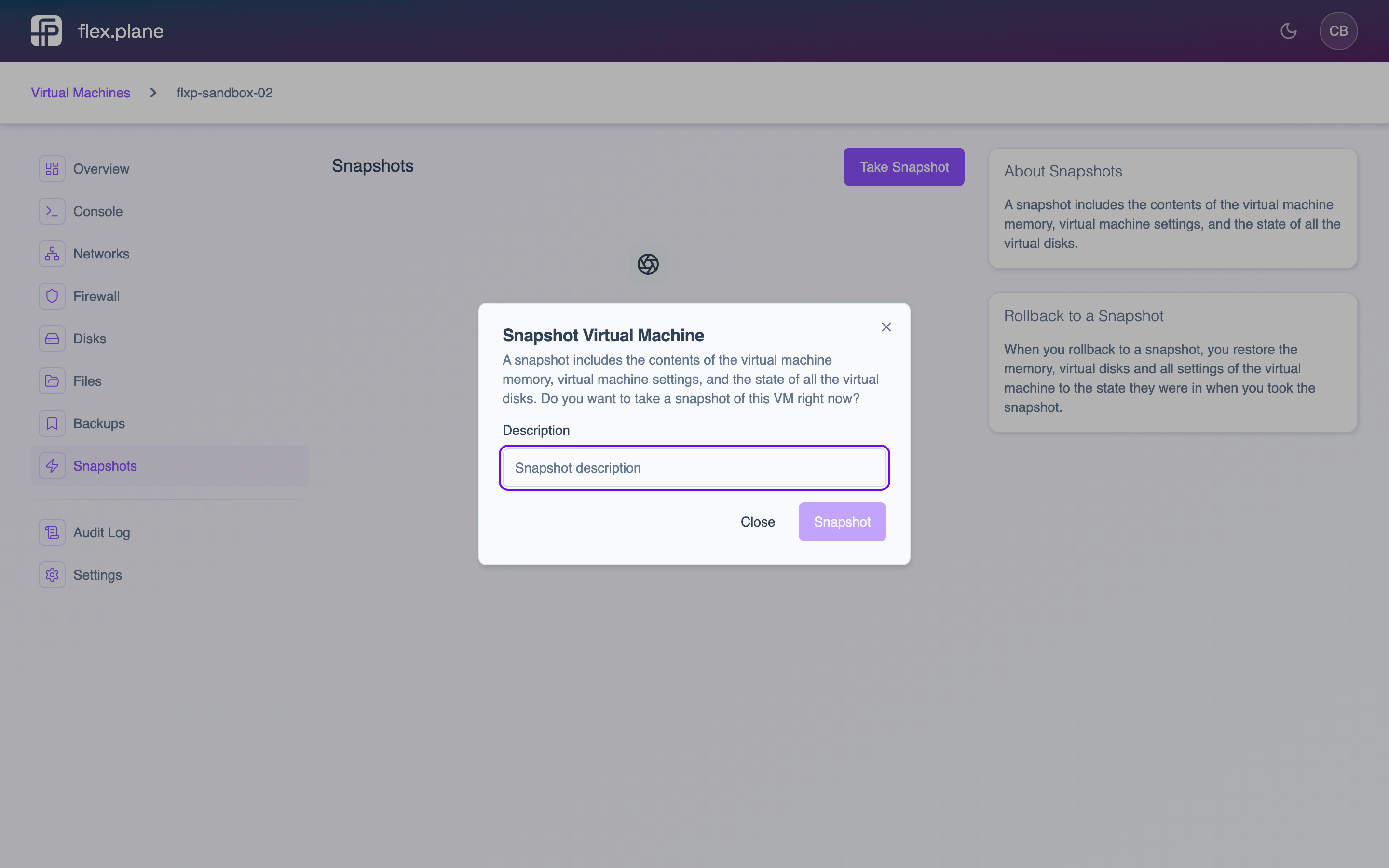 The take snapshot form with a description field