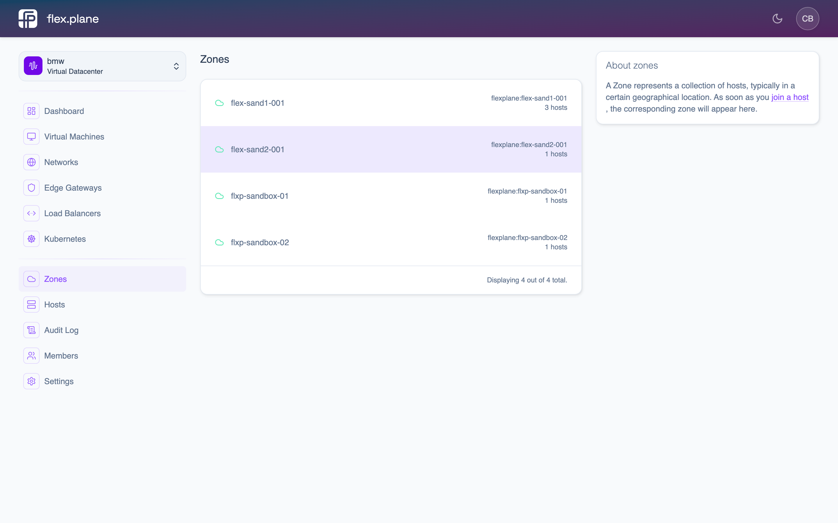 The Zones overview page